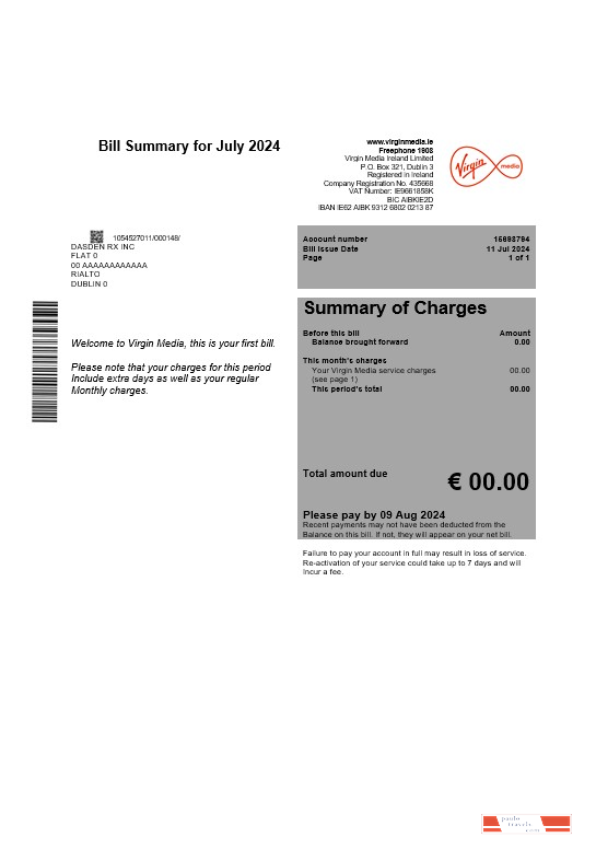 Ireland Virgin Media business utility bill template editable in Word and PDF, version 1 PSD template